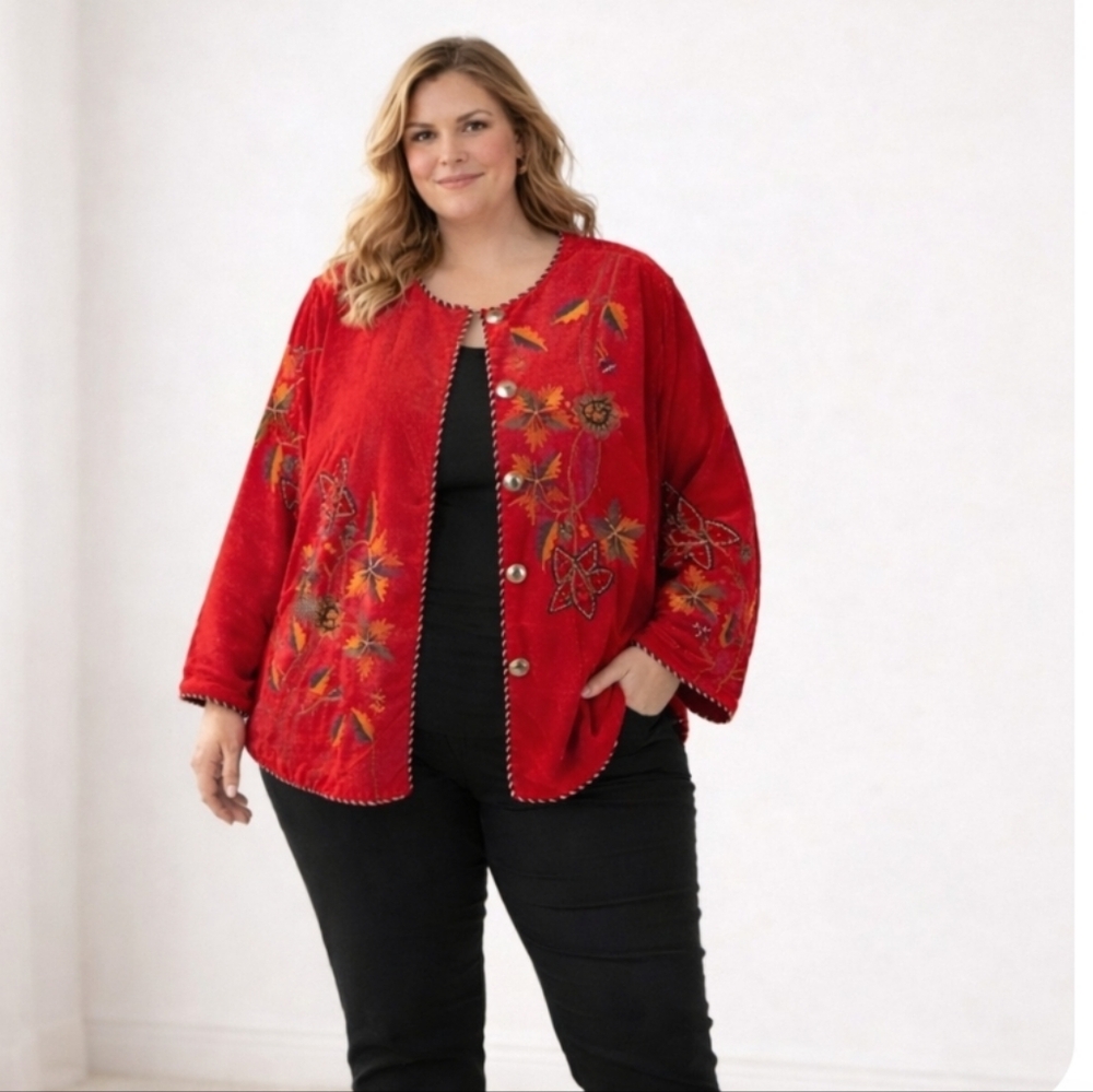 ⭐️  Host Pick⭐Maggie Barnes | Vintage Plus Boho Red Embroidered Cardigan/ Jacket